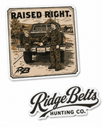 Sticker with 'Raised Right' text and two people by a truck, featuring Ridge Belts Hunting Co. logo.