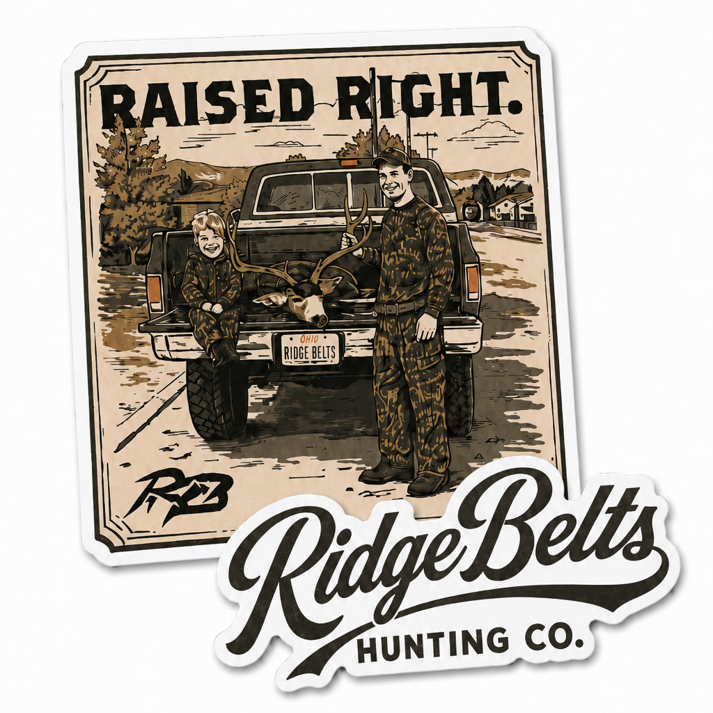Sticker with 'Raised Right' text and Ridge Belts Hunting Co. logo on a white background