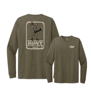 Open image in slideshow, Bow hunting shirt. Skeleton hunting shirt design. Hunt till I die shirt from Ridge Belts. Long sleeve hunting shirt.
