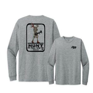 Open image in slideshow, Bow hunting shirt. Skeleton hunting shirt design. Hunt till I die shirt from Ridge Belts. Long sleeve hunting shirt.
