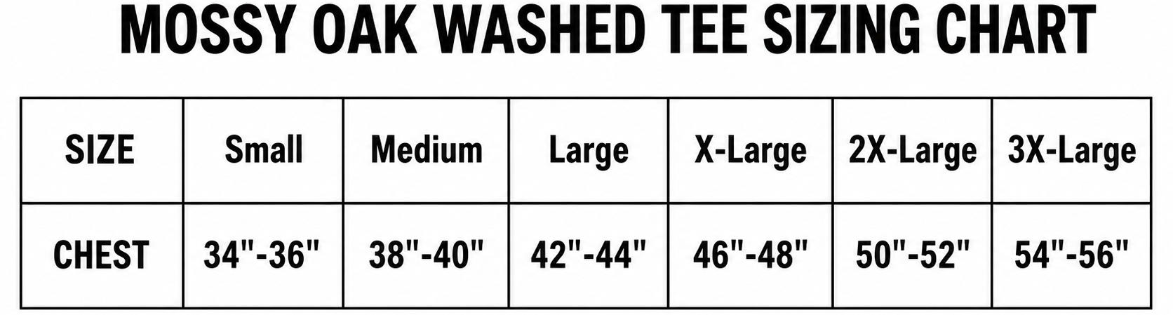 Mossy Oak washed tee sizing chart on a white background