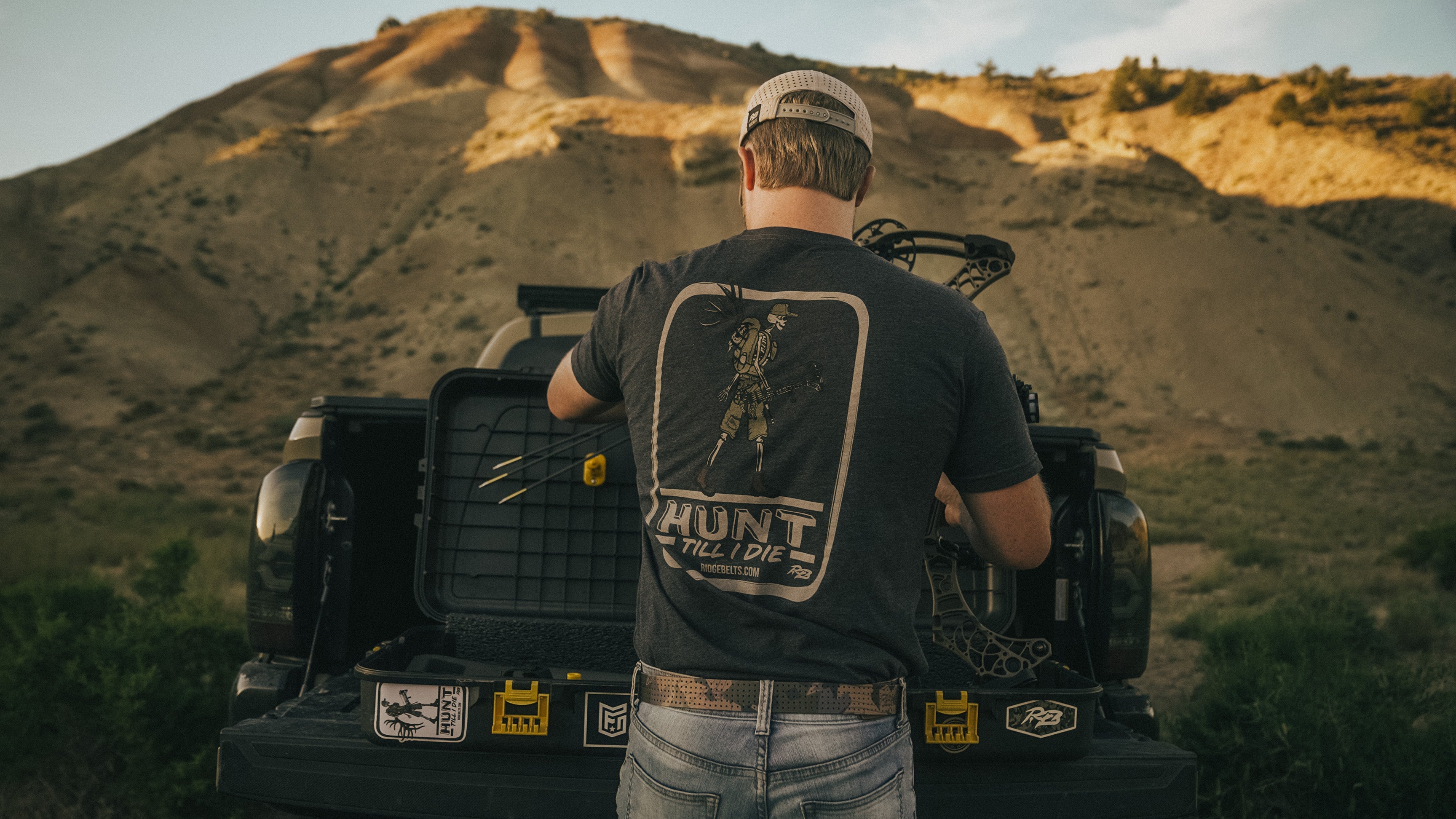 Bow hunting shirt. Skeleton hunting shirt design. Hunt till I die shirt from Ridge Belts