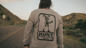 Bow hunting shirt. Skeleton hunting shirt design. Hunt till I die shirt from Ridge Belts. Long sleeve hunting shirt.