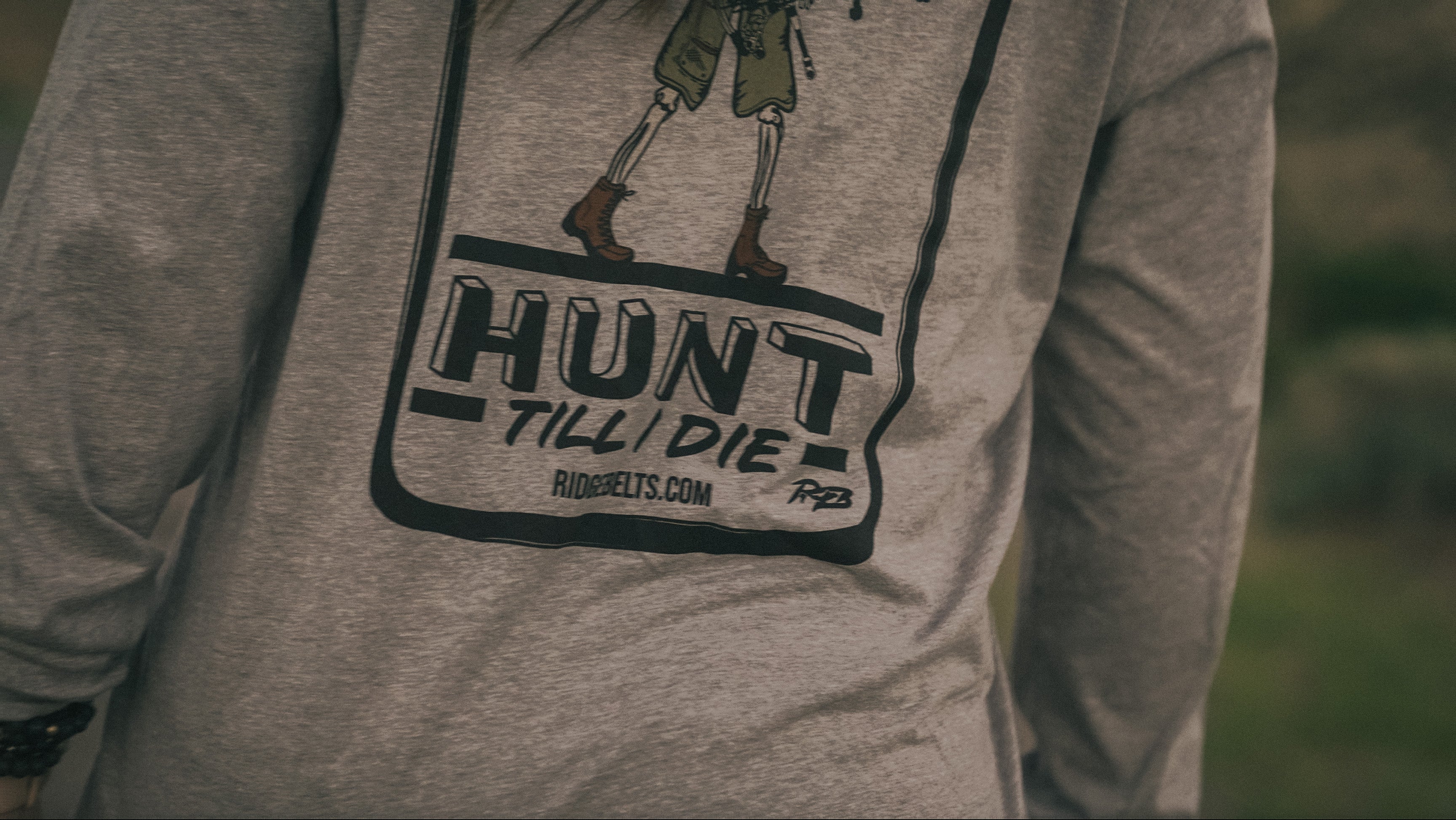 Bow hunting shirt. Skeleton hunting shirt design. Hunt till I die shirt from Ridge Belts. Long sleeve hunting shirt.